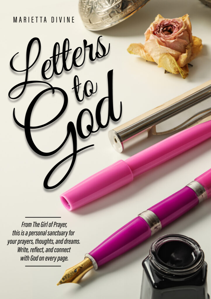 Letters To God Book Cover - Front (Pink pens with ink) Marietta Divine Girl of Prayer Journal